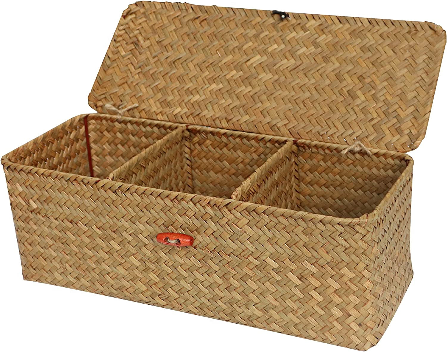 BlueMake Seagrass Storage Basket with Lid Hand Woven Wicker Shelf Baskets Rectangular Small Storage Box for Desktop Organizing