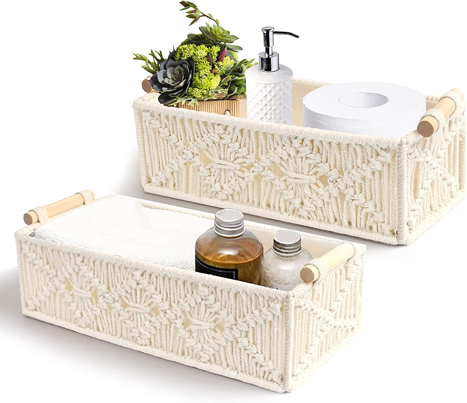 BlueMake 2 Macrame Storage Baskets, Handmade Woven Decorative Box for ...