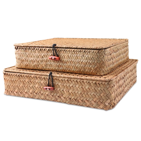 BlueMake Shelf Baskets with Lids Wicker Storage Baskets for Shelves Organizing Natural Seagrass Rattan Woven Organizer Boxes Boho Home Decor Set of 2