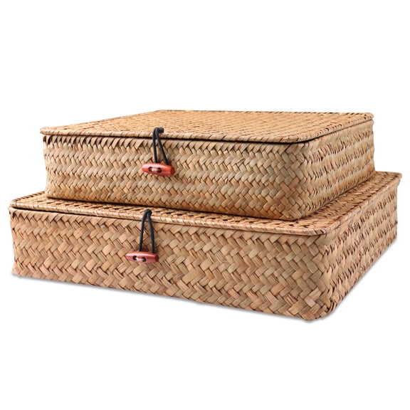 BlueMake Shelf Baskets with Lids Wicker Storage Baskets for Shelves Organizing Natural Seagrass Rattan Woven Organizer Boxes Boho Home Decor Set of 2