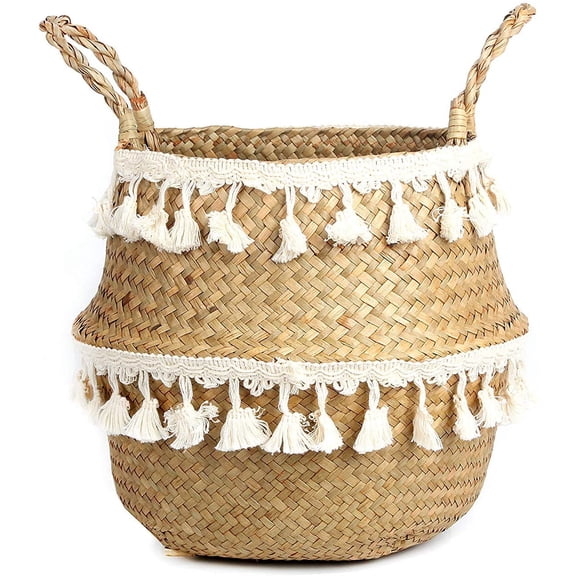 BlueMake Tassel Macrame Woven Seagrass Belly Basket for Storage, Decoration, Laundry, Picnic, Plant Basin Cover, Groceries and Toy Storage