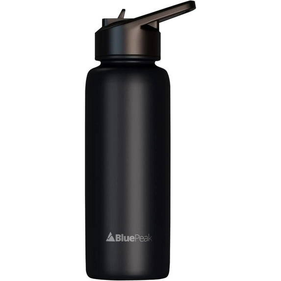 BluePeak Double Wall Insulated Stainless Steel Water Bottle With Straw - 24 Oz Wide Mouth Flask Thermos With Handle & Extra Lid, Keeps Drink Cold Or Hot For Sports, Hiking, Workout (Black)