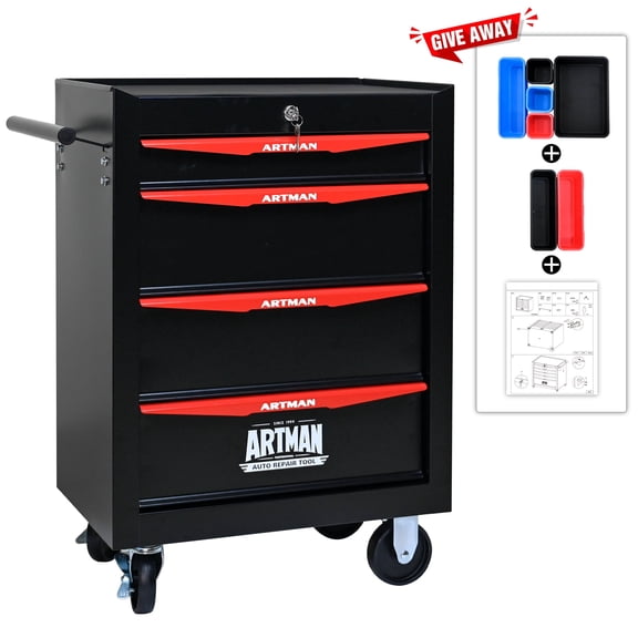 NIGSQJB Rolling Metal Tool Chest with 4 Drawers, 30.5" H Tool Chest Cabinet with Ball Bearing Drawer Slides, 220lbs Load Capacity Steel Tool Storage Box Organizer, Black & Red