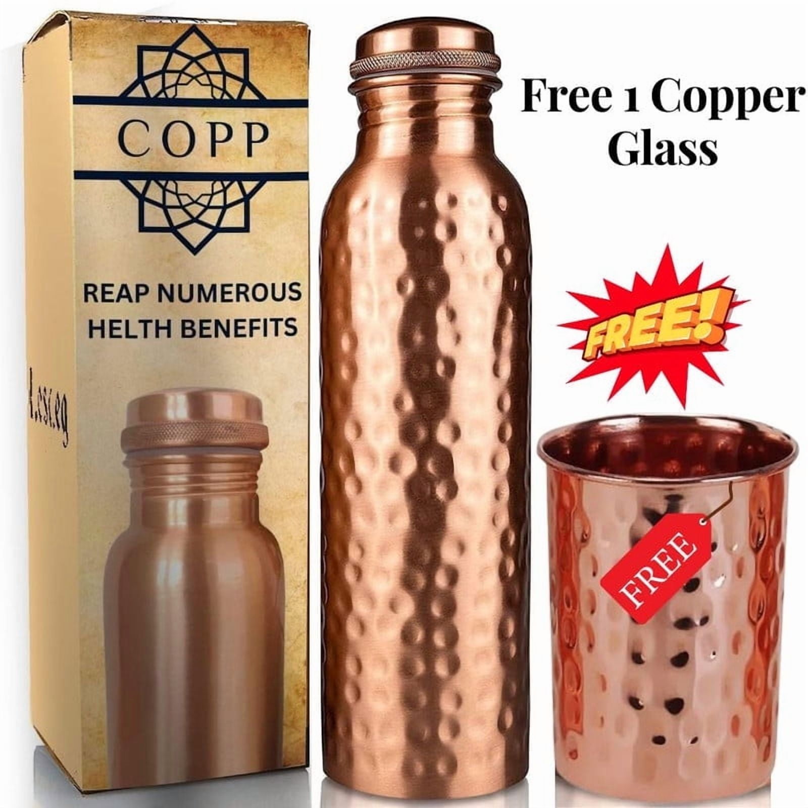 BlueQueen Copper Water Bottle - 34 Oz Extra Large - A Hammered Ayurvedic Pure Copper Vessel Bottle For Drinking - Lower Your Sugar Intake The Health Benefits Immediately With Free 1 Copper Glass