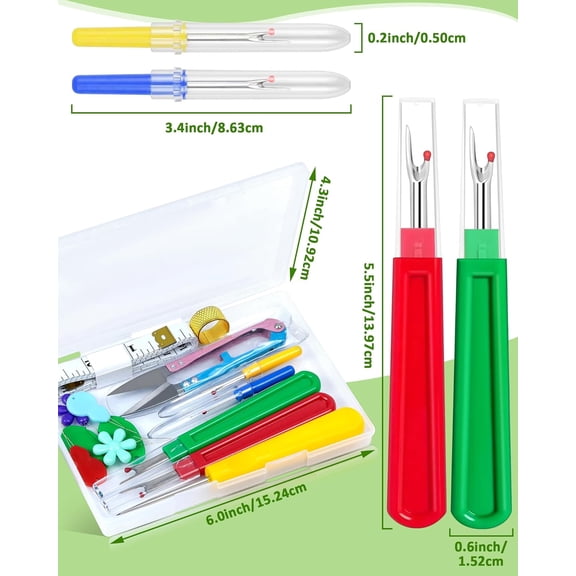 BlueQueen Seam Rippers for Sewing – 2 Big and 2 Small Stitch Remover Tools, Thread Ripper, Embroidery Removal Tool, with Needle Threaders, Thimbles, Tape Measure, Tailors Awl and Thread Snips