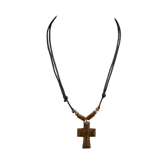 BlueRica Wood Cross Pendant on Adjustable Black Cord Necklace