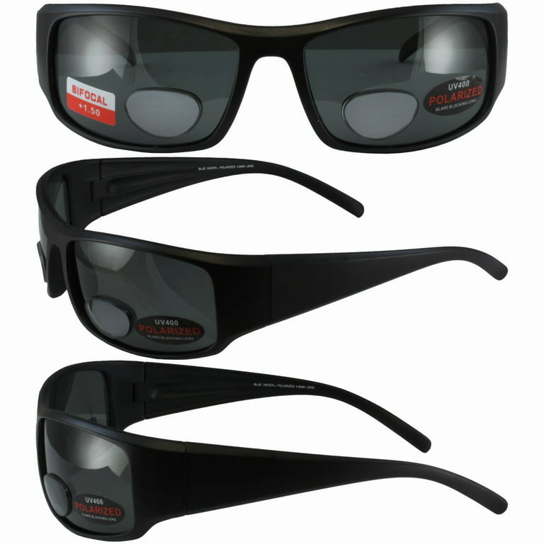 BlueWater Polarized Bifocal 1 Sunglasses Matte Black Frames +1.5  Magnification Smoke Lenses by Global Vision 