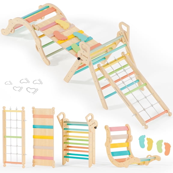 BlueWood Pikler Triangle Climbing Set 10-in-1 Foldable Wooden Indoor Pink 1 Pack