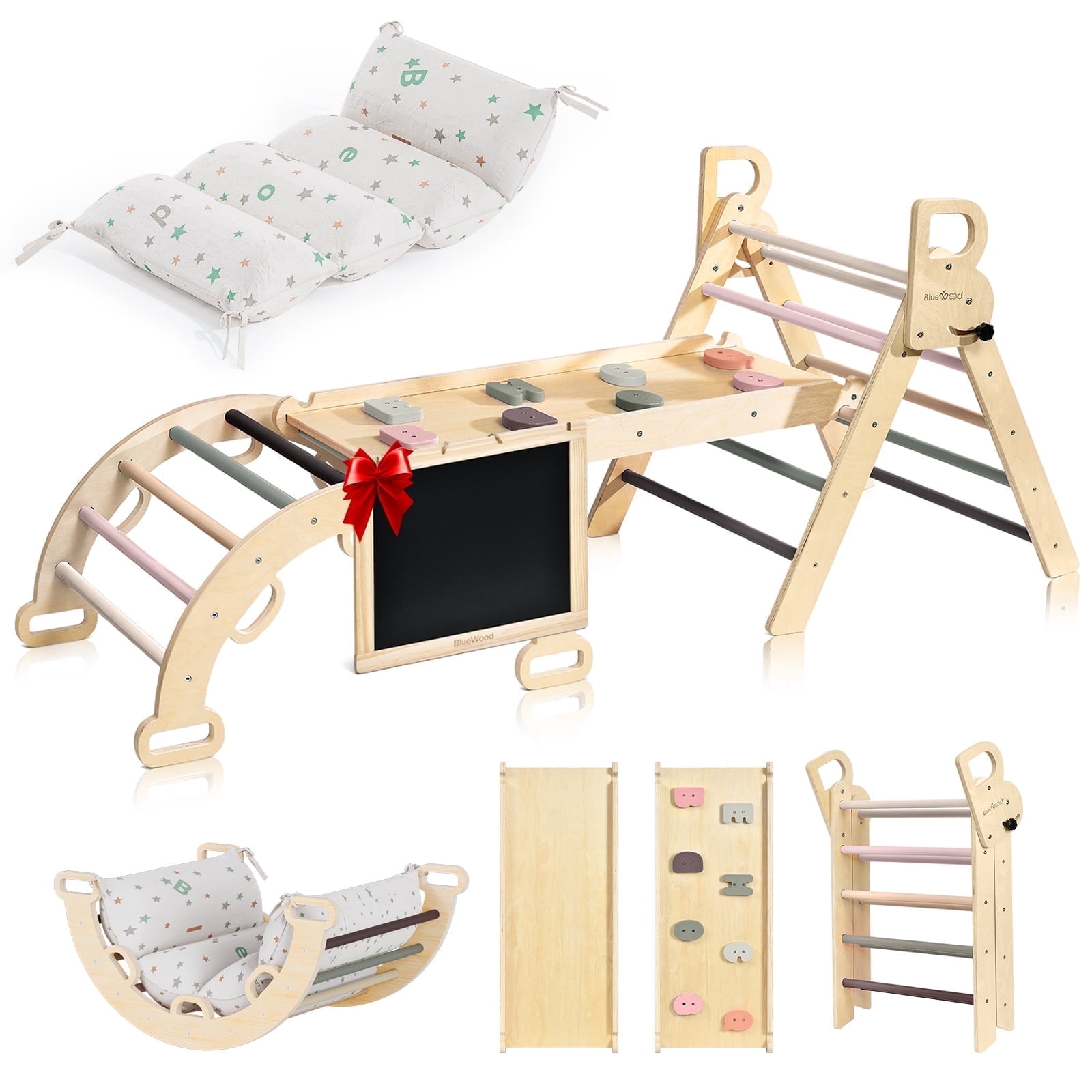 BlueWood 7-in-1 Foldable Pikler Triangle Climbing Set with Cushion