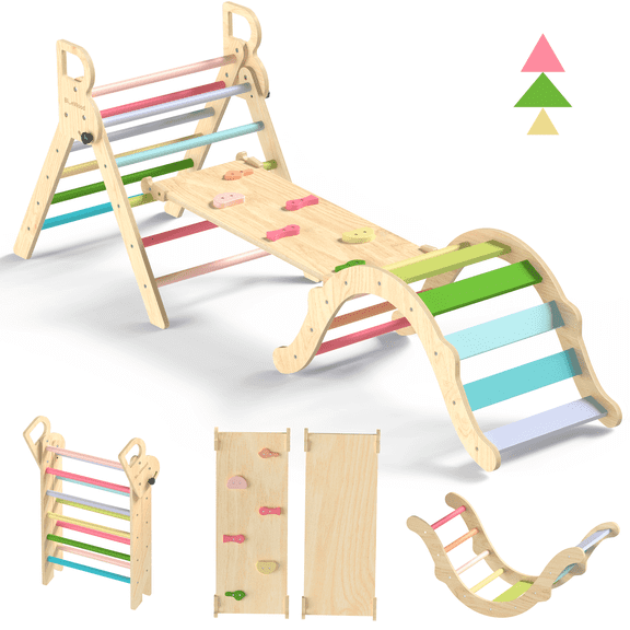 BlueWood Pikler Triangle Set Indoor Jungle Gym 8-in-1 Foldable Wooden 3-Piece
