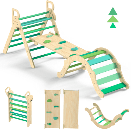 BlueWood Foldable Wooden Pikler Triangle Set Indoor Jungle Gym, 8-in-1, Green, 3-Piece