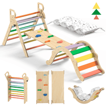 BlueWood Pikler Triangle Jungle Gym Set 8-in-1 Foldable Wooden Indoor, Ages 6 Months to 6 Years, Multicolor, 150 lb Max Load, 4-Piece