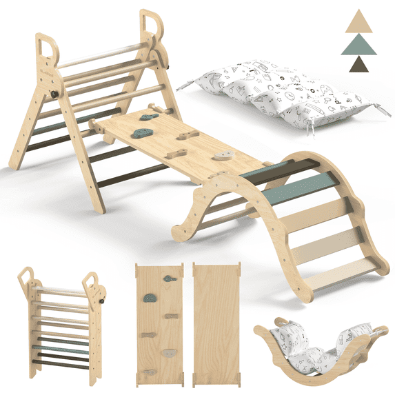 BlueWood Foldable Wooden Climbing Pikler Triangle Set 8-in-1 Indoor Jungle Gym for Kids
