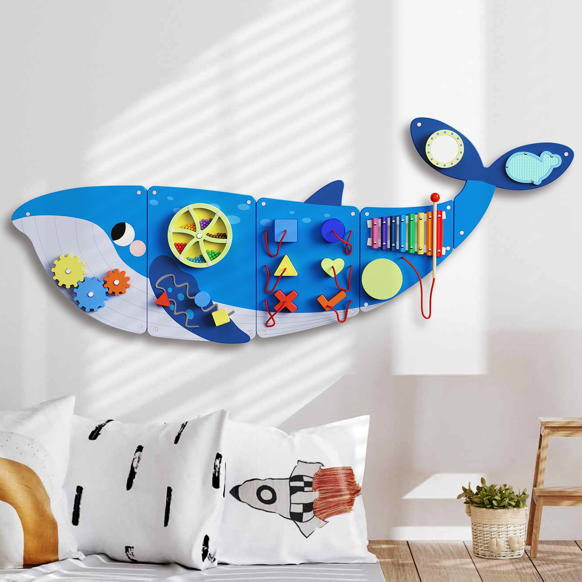 BlueWood 9-in-1 Whale Activity Wall Busy Board Montessori Sensory Educational Toy 43.7 in