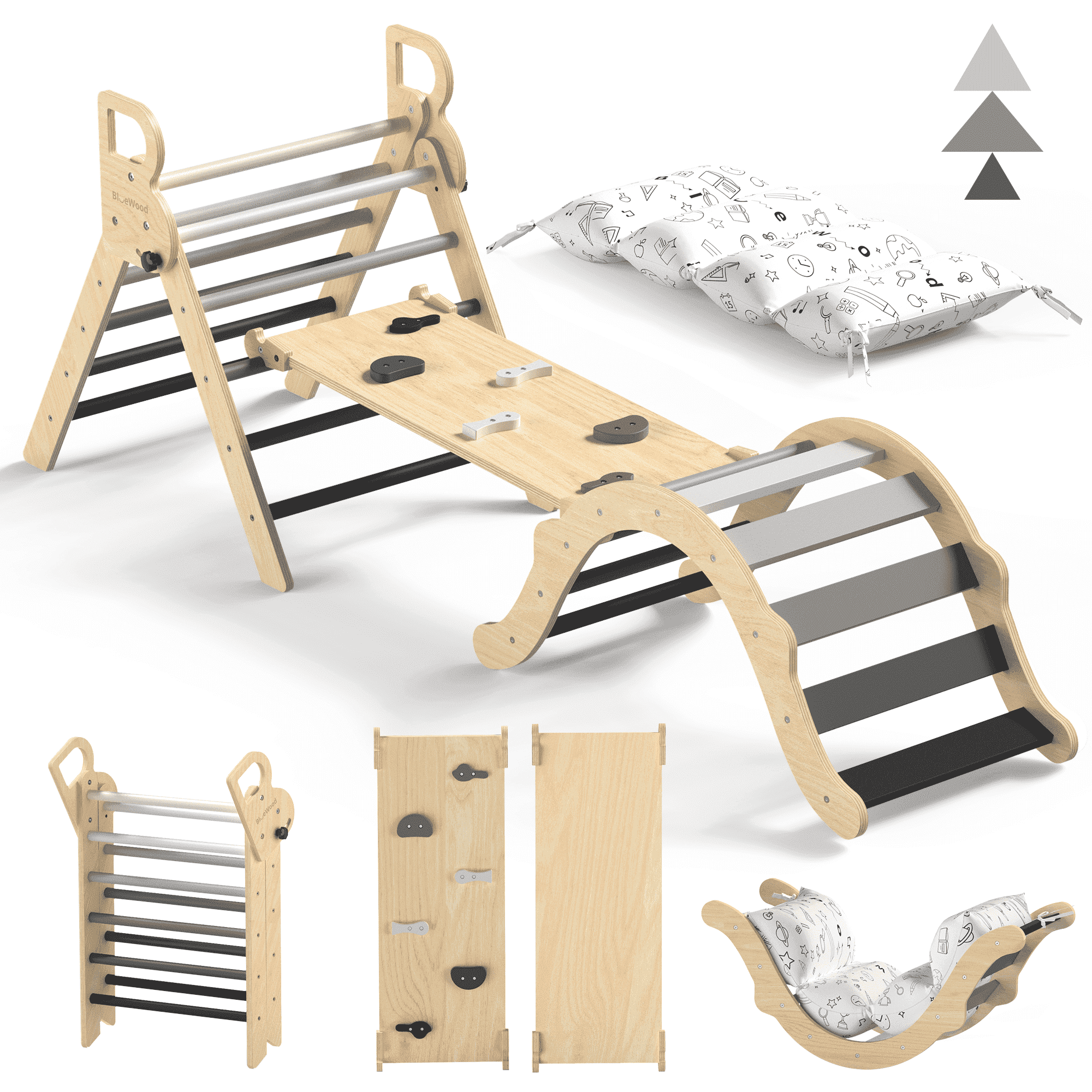 BlueWood Pikler Triangle Jungle Gym Set 8-in-1 Foldable Wooden Indoor ...