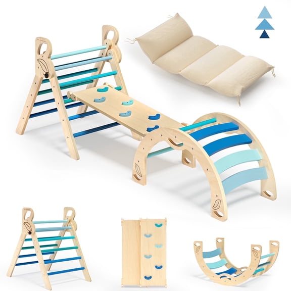 BlueWood Pikler Triangle Set Indoor Playground Climber Lightweight Compact 3-Piece Blue