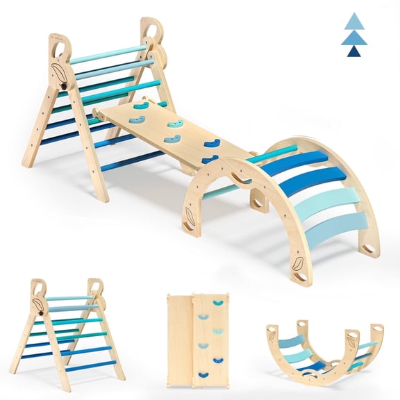 BlueWood Triangle Climbing Set Indoor Playground for Kids Lightweight Compact 3-Piece Wood Blue