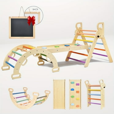 Buballino Triangle Set Rainbow Pikler Climbing for Toddlers, Foldable Baby Climbing Toys, Wooden Montessori Climbing for 2-6 Years Old, Indoor Playground Jungle Gym for Kids
