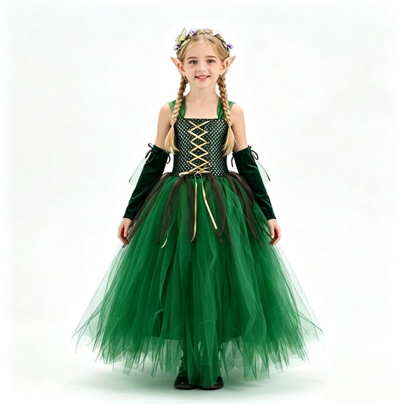 Girls Forest Elf Fairy Halloween Costume Green 4‑Piece Set, Sleeveless Tulle Tutu Dress with Arm Sleeves, Elf Ears and Flower Crown Headband