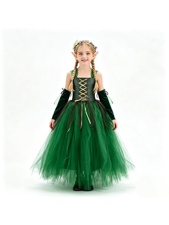 Girls Forest Elf Fairy Halloween Costume Green 4‑Piece Set, Sleeveless Tulle Tutu Dress with Arm Sleeves, Elf Ears and Flower Crown Headband