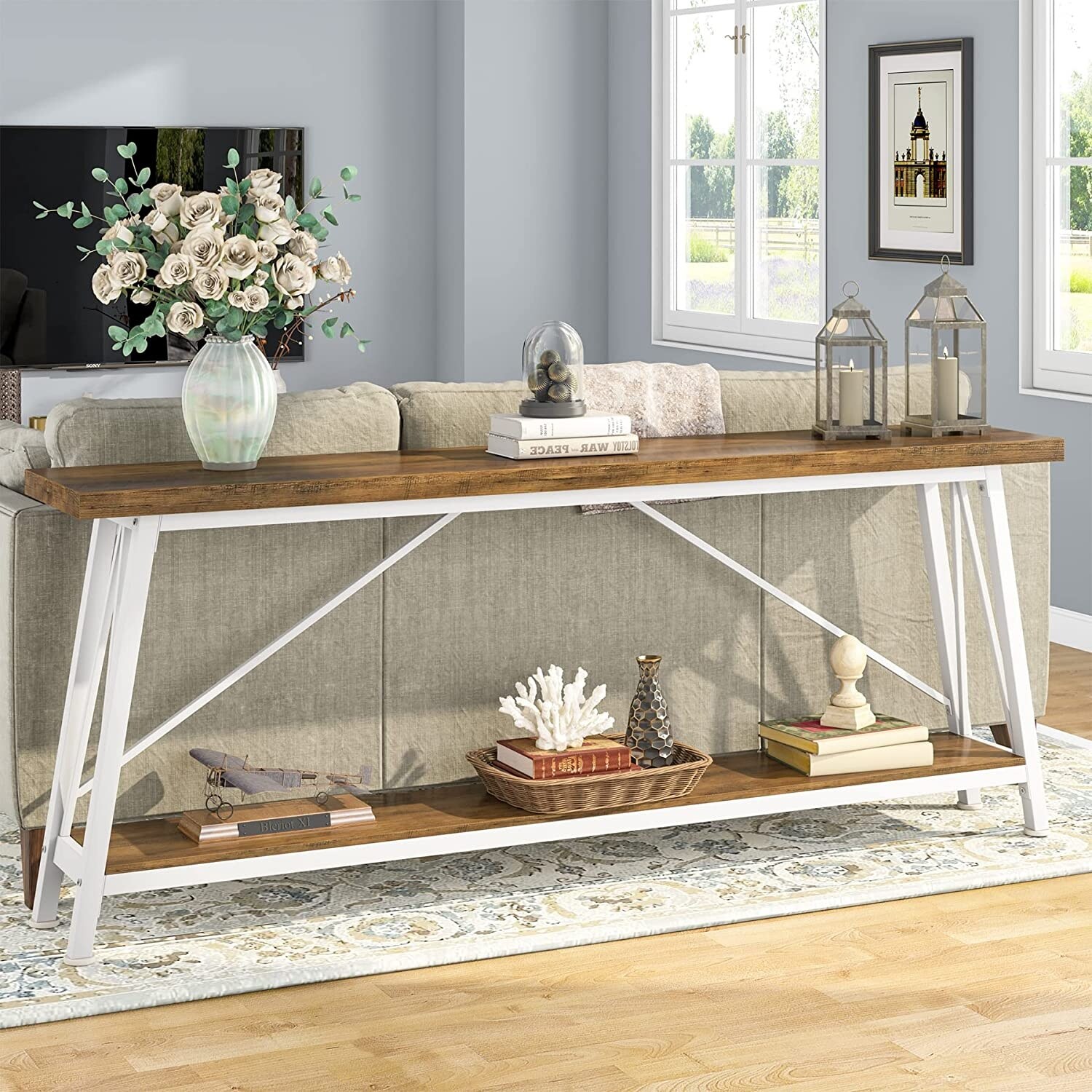 Bluebell 70.9 Inch Extra Long Sofa Table, Industrial Entry Console Table Light Brown & White
