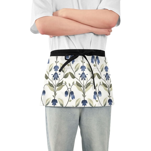 Bluebell Florals and Leaves Retro Short Server Apron with 3 Pockets for Unisex Chef Gardening