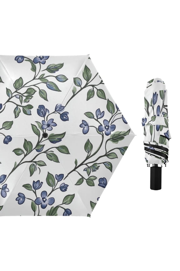 Bluebell Flowers Leaves All Weather Umbrella Triple Folding Parasol 6 Ribs UV Protection Portable