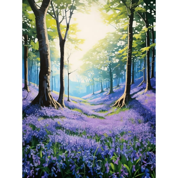 Bluebell Forest Sunshine Vibrant Artwork Purple Blue Flowers Early Morning Serene Landscape Extra Large XL Wall Art Poster Print
