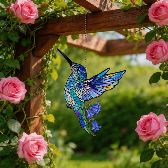 Bluebell Hummingbird Acrylic Suncatcher Window Hanging Gift for Mom or Garden Lover