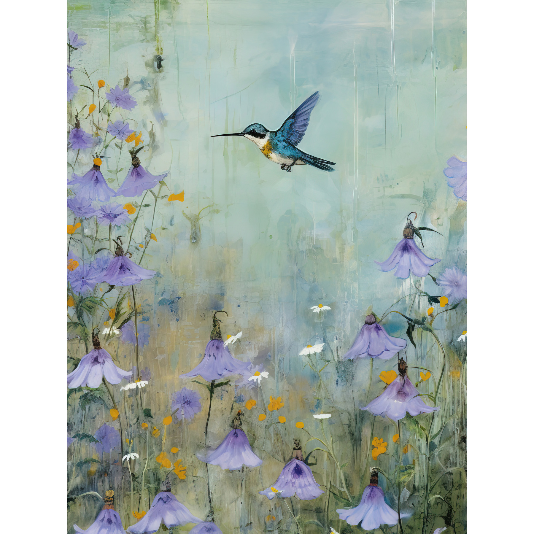 Bluebell Hummingbird Pastel Painting Nectar Flowers Field Oil Painting