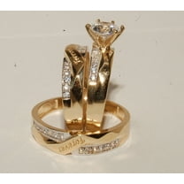 Bluebell Jewels 14K Gold Finish Trio Ring Set CZ Engagement Wedding Bands for Him & Her with “Forever” Engraving