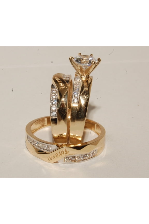 Bluebell Jewels 14K Gold Finish Trio Ring Set CZ Engagement Wedding Bands for Him & Her with “Forever” Engraving