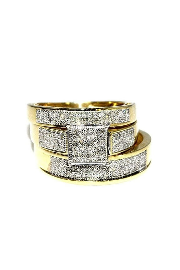 Bluebell Jewels 14K Gold Finish Trio Wedding Ring Set for Him & Her CZ Engagement & Matching Bands