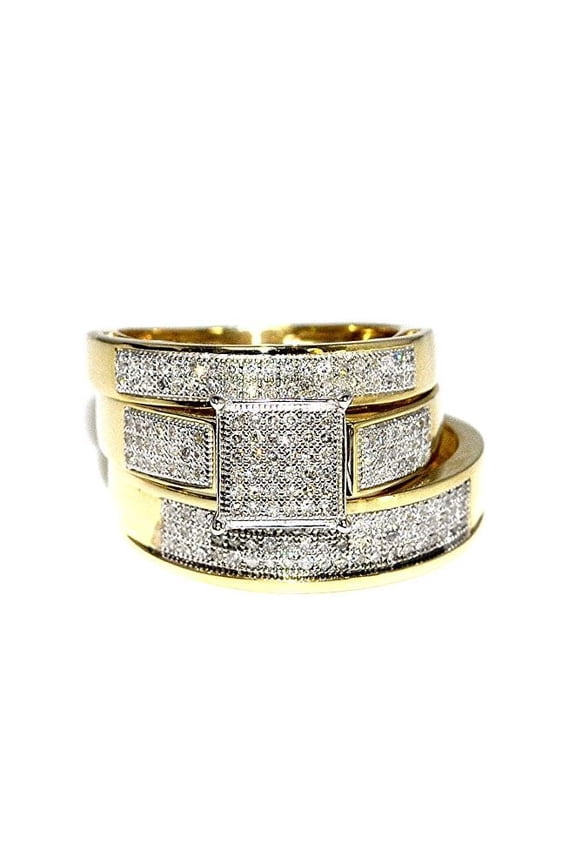 Bluebell Jewels 14K Gold Finish Trio Wedding Ring Set for Him & Her CZ Engagement & Matching Bands