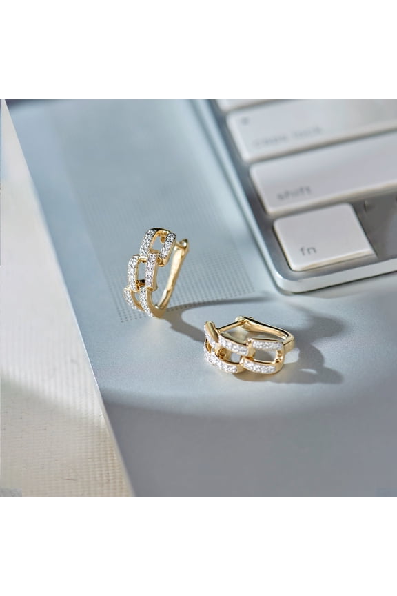 14K Gold Plated Hoop Earrings with Interlocking Cubic Zirconia Pave Design Elegant Hinge Closure for Women