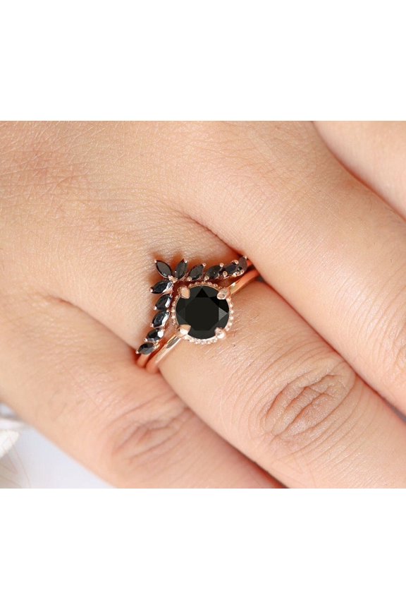 Bluebell Jewels 14K Rose Gold Finish Black CZ Engagement Bridal Ring Set Stacking Stackable Anniversary Gift For Her