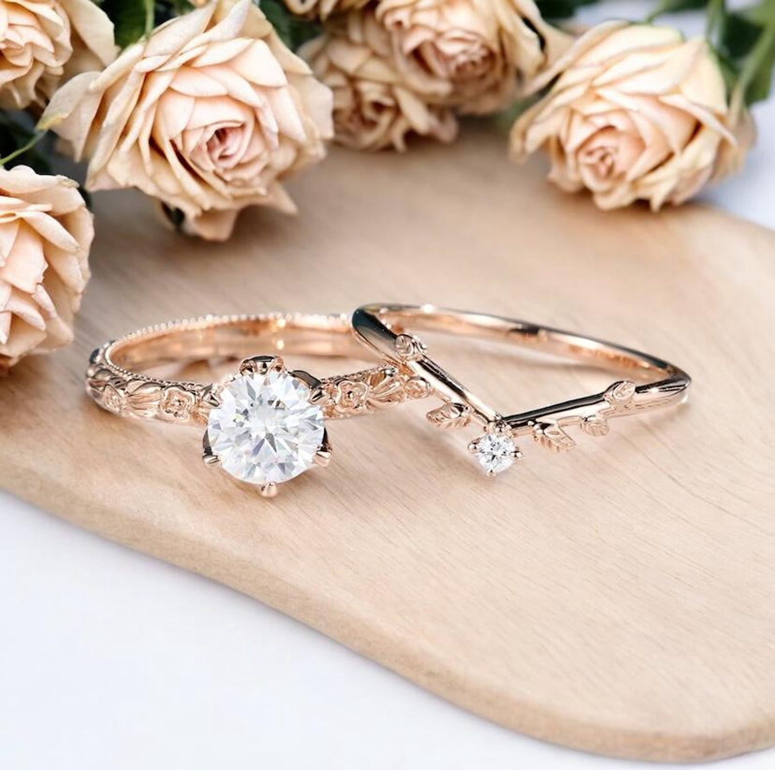 Bluebell Jewels 14K Rose Gold Finish Bridal Ring Set Floral Round Cut ...