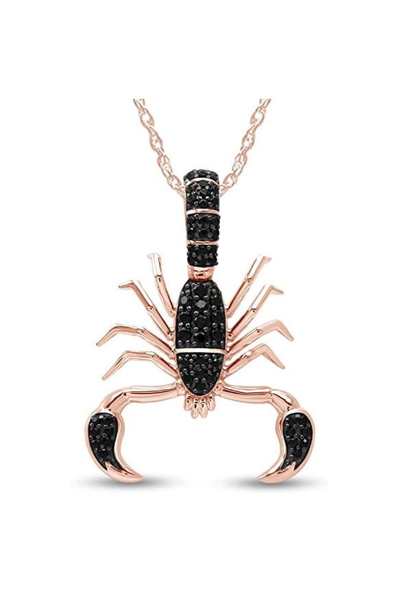14K Rose Gold Finish Scorpion Pendant Necklace with Black Crystals, Zodiac Scorpio Jewelry, 18" Chain