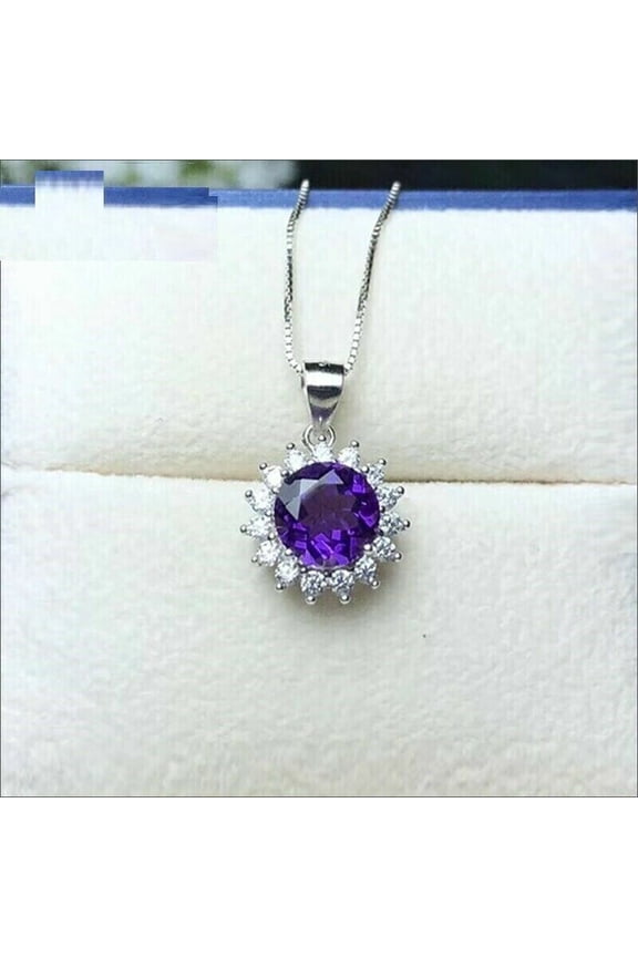 14K White Gold Finish Women's Round Cut Purpke CZ Beautiful Halo Pendant Chain