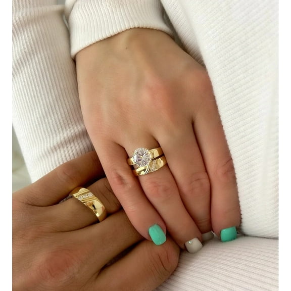 Bluebell Jewels 14K Yellow Gold Finish CZ Trio Ring Set – 3PC Engagement & Wedding Bands for Her