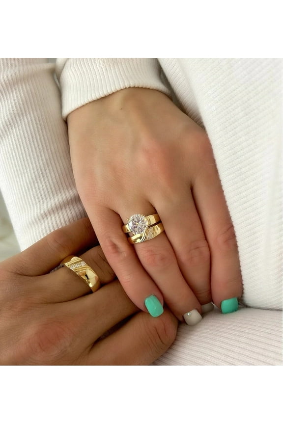 14K Yellow Gold Finish CZ Trio Ring Set – 3PC Engagement & Wedding Bands for Her