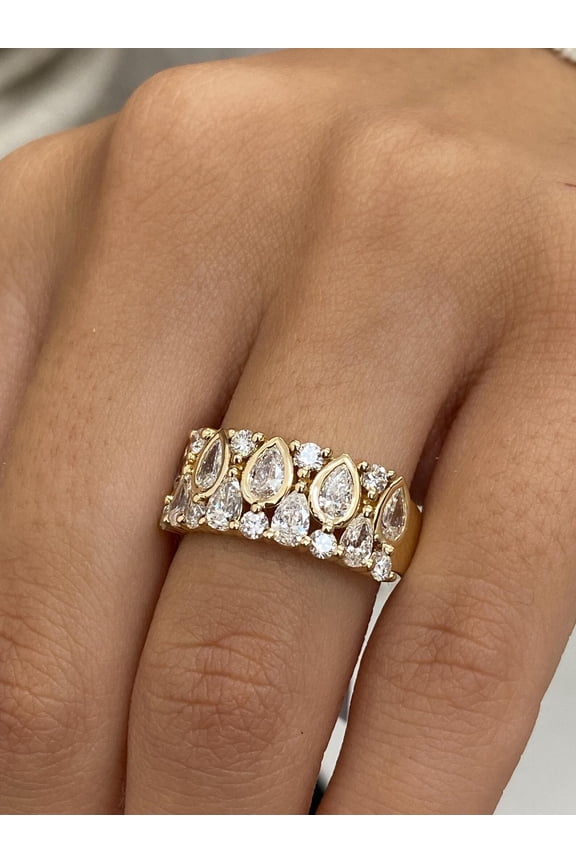 14K Yellow Gold Finish Pear Cut Cubic Zirconia Stackable Wide Women Wedding Band Ring Silver