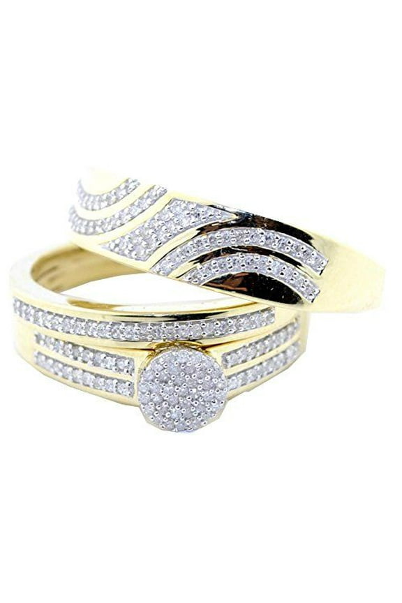 Bluebell Jewels 14K Yellow Gold Finish Round CZ Trio Trio Wedding Ring Set for Couple