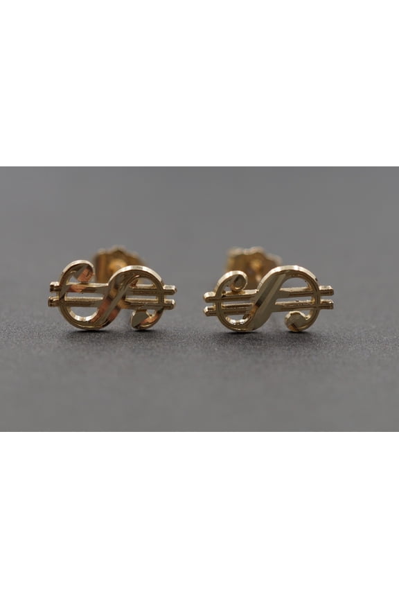 14K Yellow Gold Finish Shine Money Dollar Sign Stud Earring