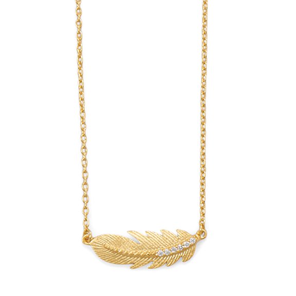 Bluebell Jewels 14k Yellow Gold-plated Sterling Silver CZ Feather Pendant Necklace, 16"+2"