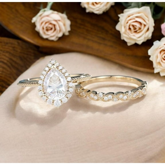 Bluebell Jewels 2-Piece 14K Yellow Gold Finish Bridal Ring Set Pear Cut Halo Engagement Ring & Vintage-Inspired Wedding Band with Cubic Zirconia