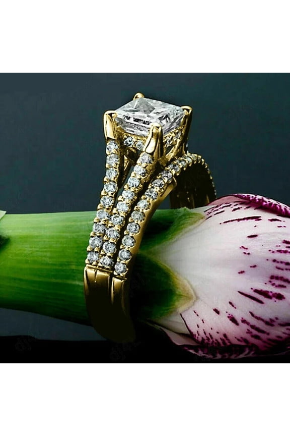 2Ct Princess Cut CZ Bridal Set Ring 14K Yellow Gold Finish Silver