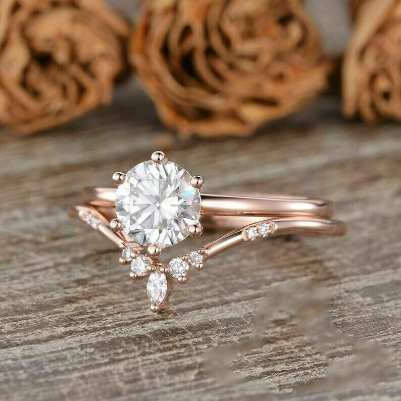 Bluebell Jewels 2Ct Round Cut Cubic Zirconia Bridal Ring Set 14K Rose ...