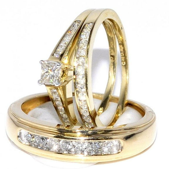Bluebell Jewels 3-Piece Gold Finish CZ Wedding Ring Set Princess Cut Engagement Ring with Matching Bands