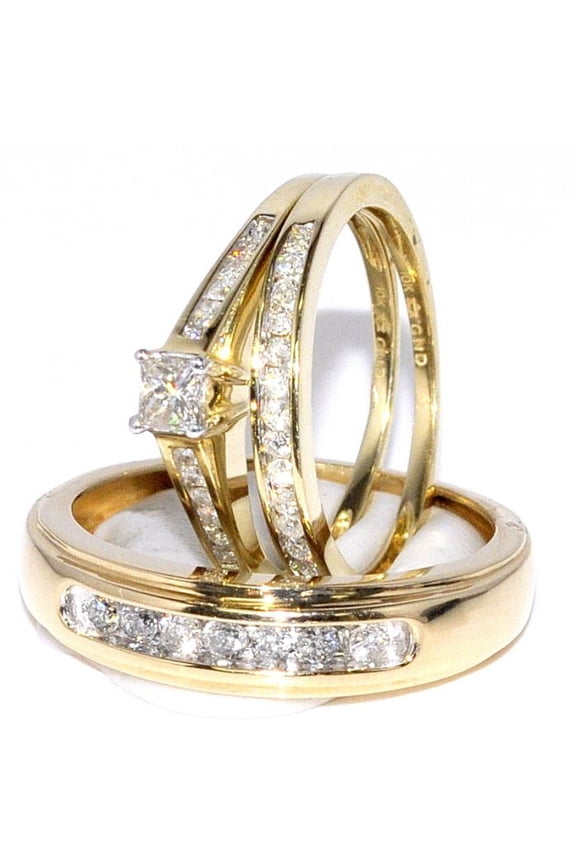 Bluebell Jewels 3-Piece Gold Finish CZ Wedding Ring Set Princess Cut Engagement Ring with Matching Bands